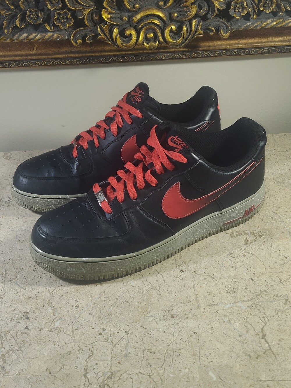Nike Air Force 1 Men’s Black Sneakers with Red Swoosh & Laces